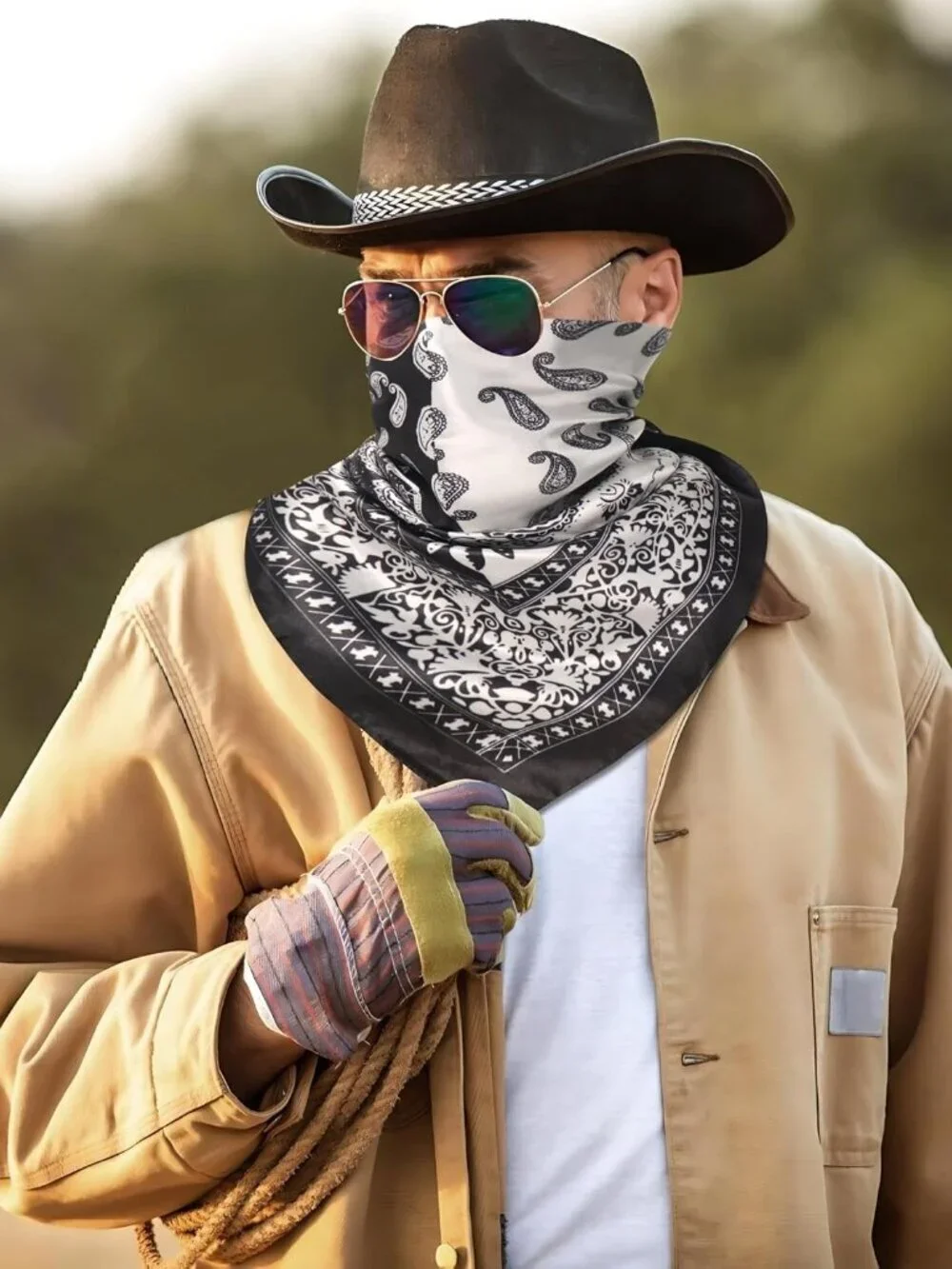 Men's Black Beige 35 Inch Wild Rag Neckerchief Silk Western Bandana Neck Scarf